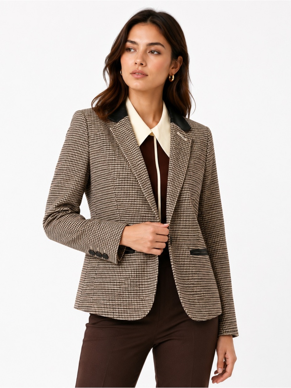 Club Monaco Houndstooth Leather Collar Blazer Tailored Career Jacket - Picture 3 of 7